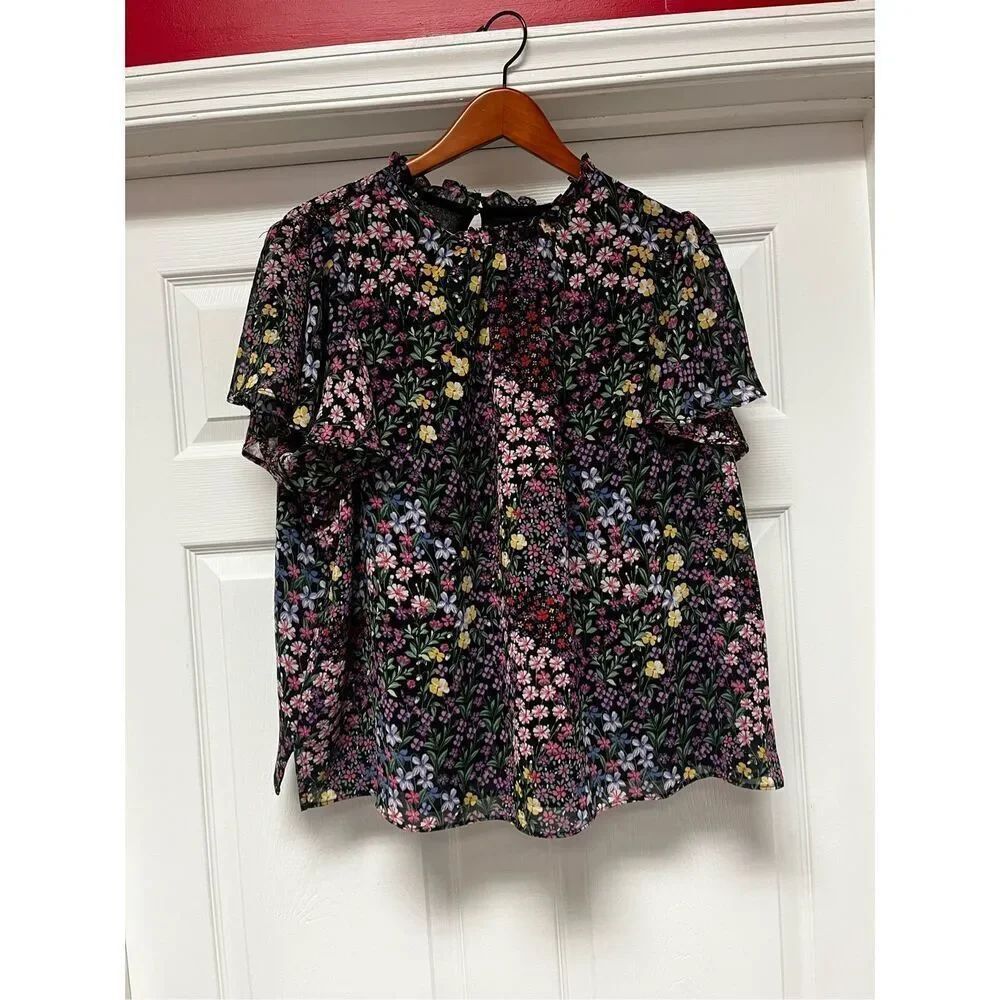 1. State Black Multi Floral Flutter Sleeve Spring Blouse sz 2X NWOT